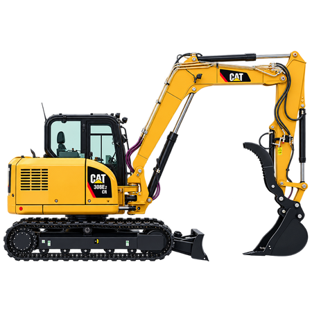 Yellow CAT 308E2 CR excavator with black tracks, black digging bucket, enclosed cab, and front blade on a transparent background.