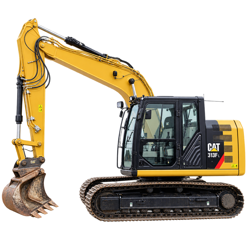 Yellow CAT 313F L excavator with black tracks, black cab, and brown bucket on a transparent background.