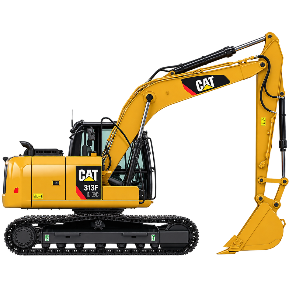 Yellow CAT 313F L GC excavator with black tracks, enclosed cab, yellow boom and arm, yellow bucket, and black engine housing on a transparent background.