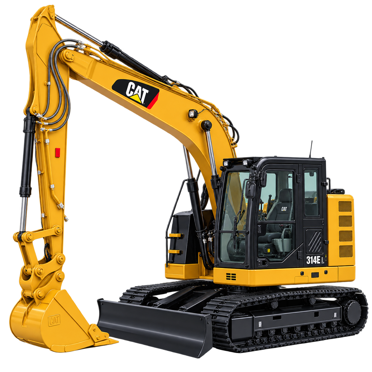 Yellow CAT 314E L CR excavator with black tracks, black cab, black dozer blade, and yellow bucket on a transparent background.