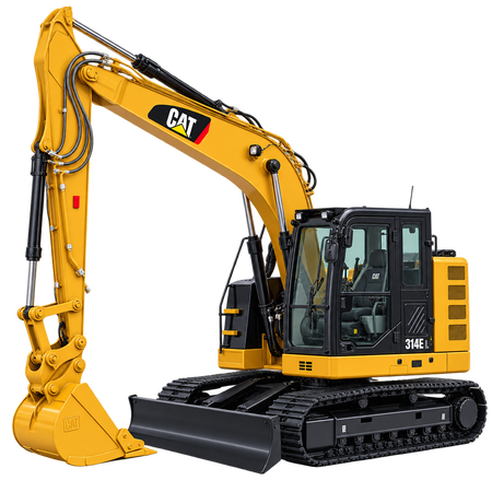 Yellow CAT 314E L CR excavator with black tracks, black cab, black dozer blade, and yellow bucket on a transparent background.