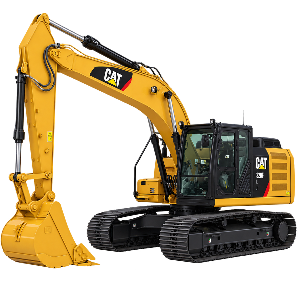 Yellow CAT 320FL excavator with black tracks, black cab, and yellow bucket on a transparent background.