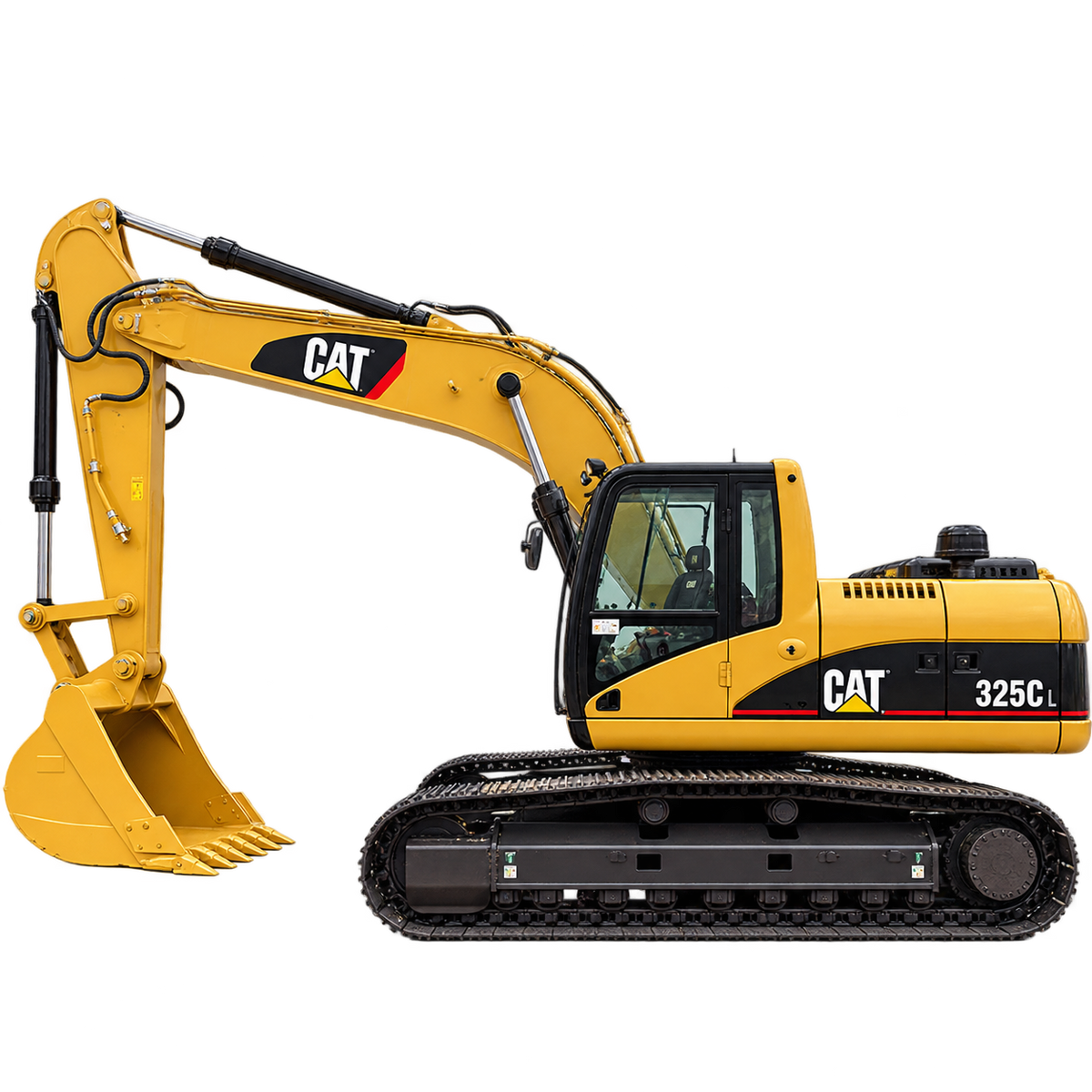 Yellow CAT 325C L excavator with black tracks, black cab, and yellow bucket on a transparent background.