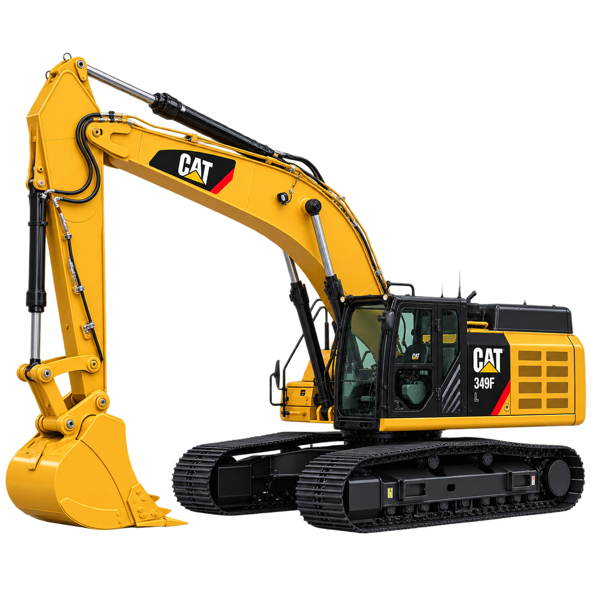 Yellow CAT 349F L excavator with black tracks, yellow digging bucket, enclosed cab, and black boom on a transparent background.