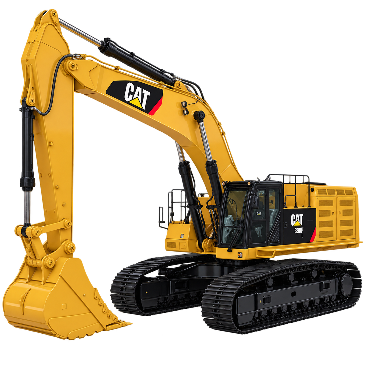 Yellow CAT 390F L excavator with black tracks, black cab, and yellow bucket on a white background.