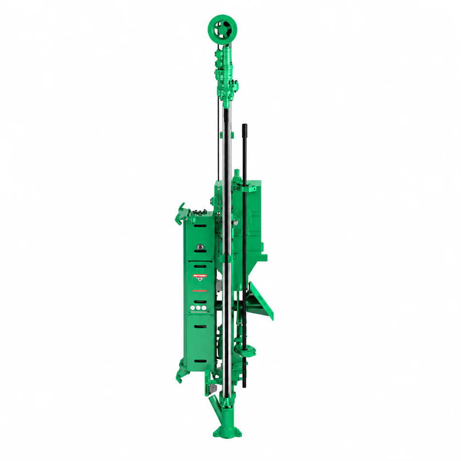Green Montabert CPA222E drilling attachment with vertical mast, black feed rails, and power unit on a white background