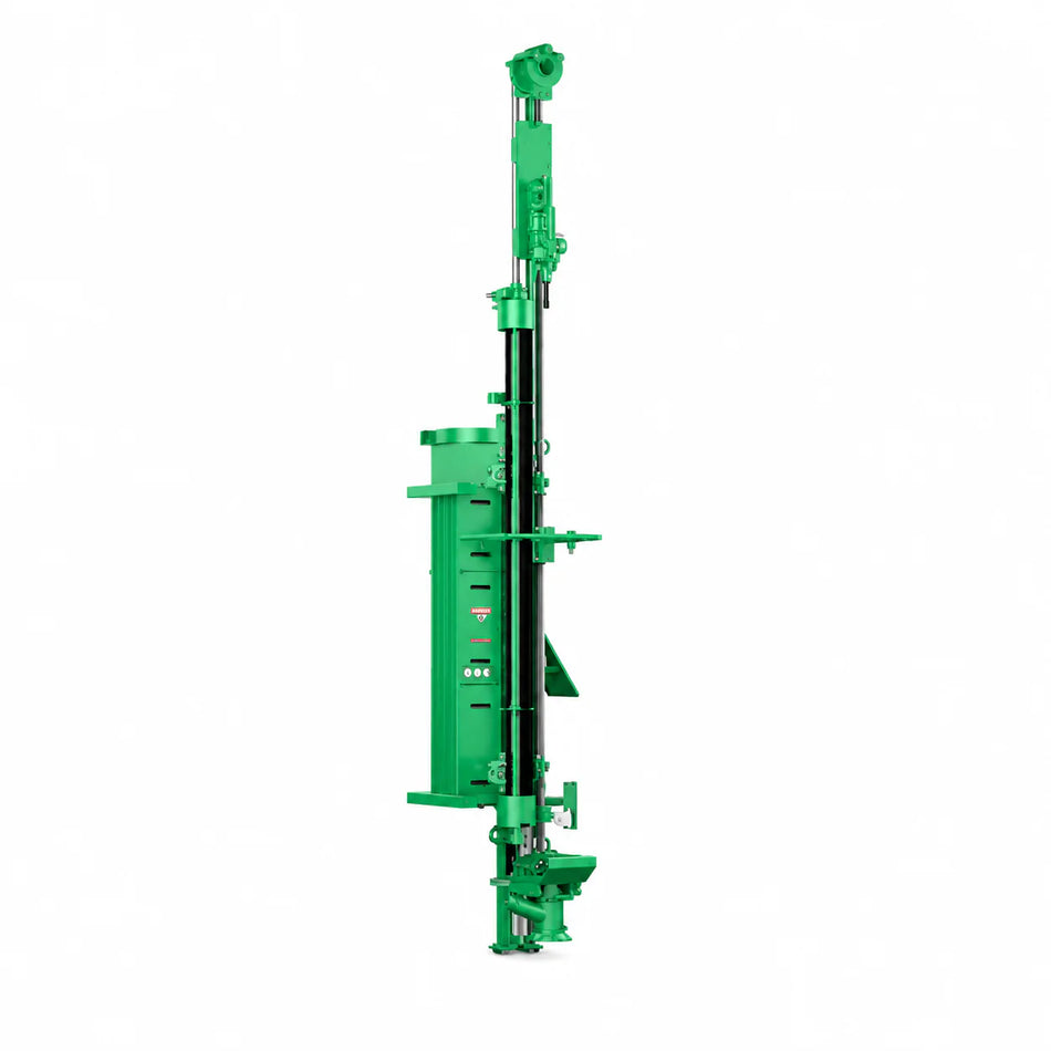 Green Montabert CPA250 drilling attachment with vertical mast, black feed rails, and power unit on a white background