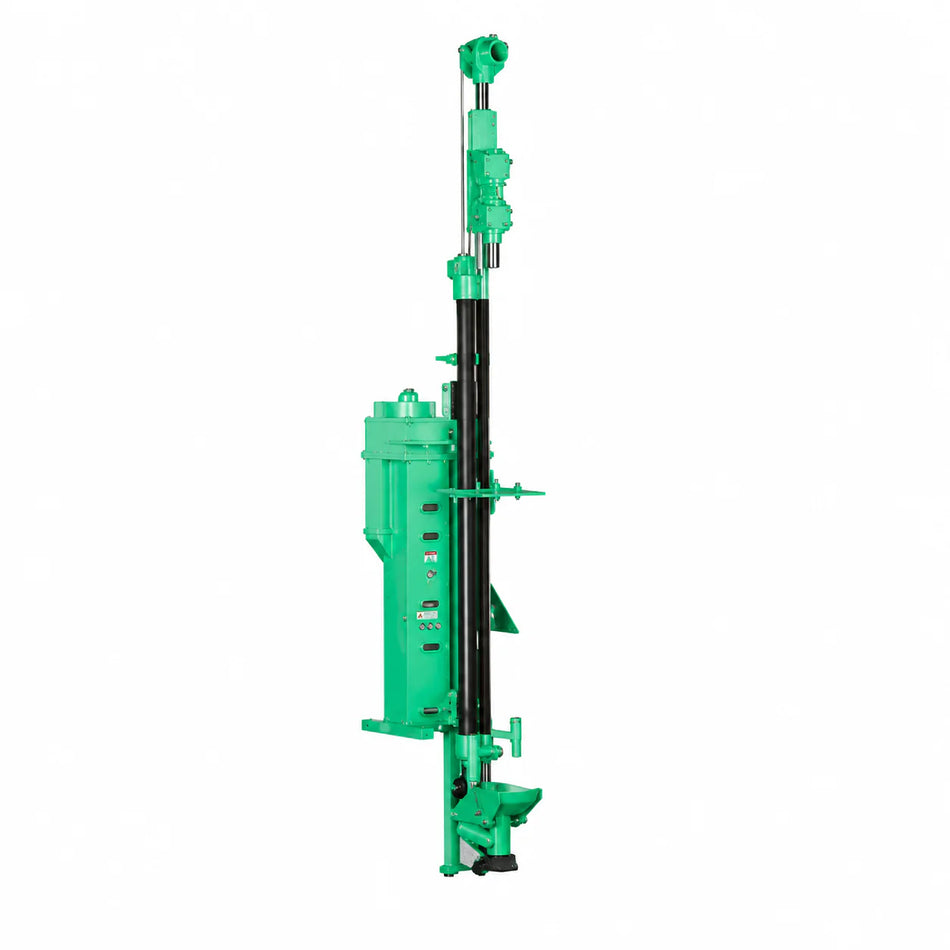 Green Montabert CPA295 drilling attachment with vertical mast, black feed rails, and power unit on a white background