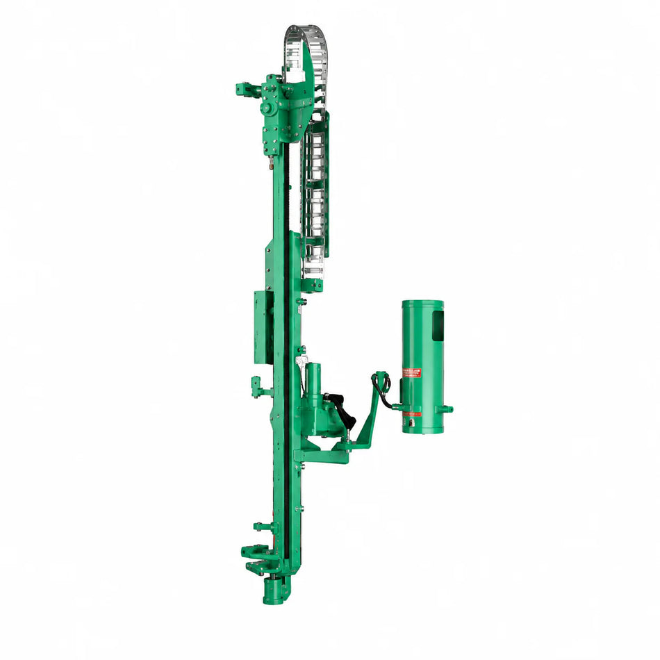 Green Montabert μCPA 360° drilling attachment with vertical mast, silver chain feed, and side-mounted power unit on a white background