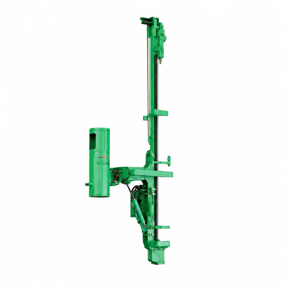 Green Montabert μCPA drilling attachment with vertical mast, black feed rails, and hydraulic cylinder on a white background