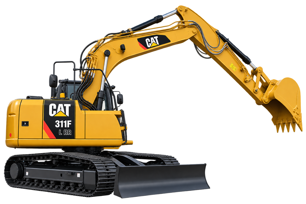 Yellow Cat 311F L RR excavator with black tracks, yellow bucket, enclosed cab, and front blade on a transparent background