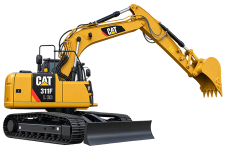 Yellow Cat 311F L RR excavator with black tracks, yellow bucket, enclosed cab, and front blade on a transparent background