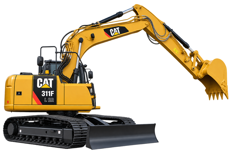 Yellow Cat 311F L RR excavator with black tracks, yellow bucket, enclosed cab, and front blade on a transparent background