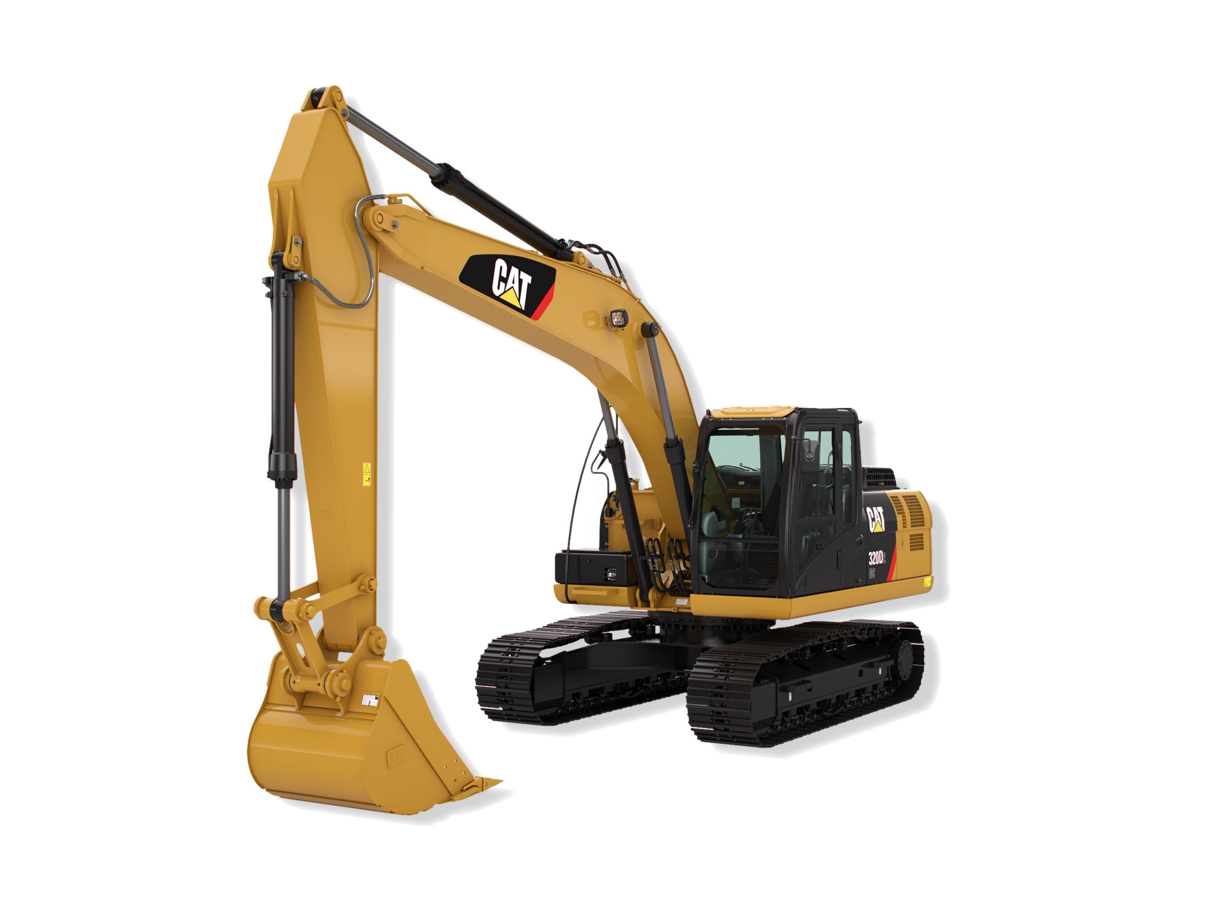 Yellow Cat 320D2 heavy-construction hydraulic excavator with yellow bucket, black cab, and black tracks on a white background