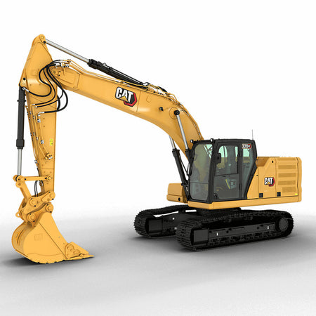 Yellow Caterpillar 320 GC hydraulic excavator with yellow bucket, black cab, and black tracks on a white background