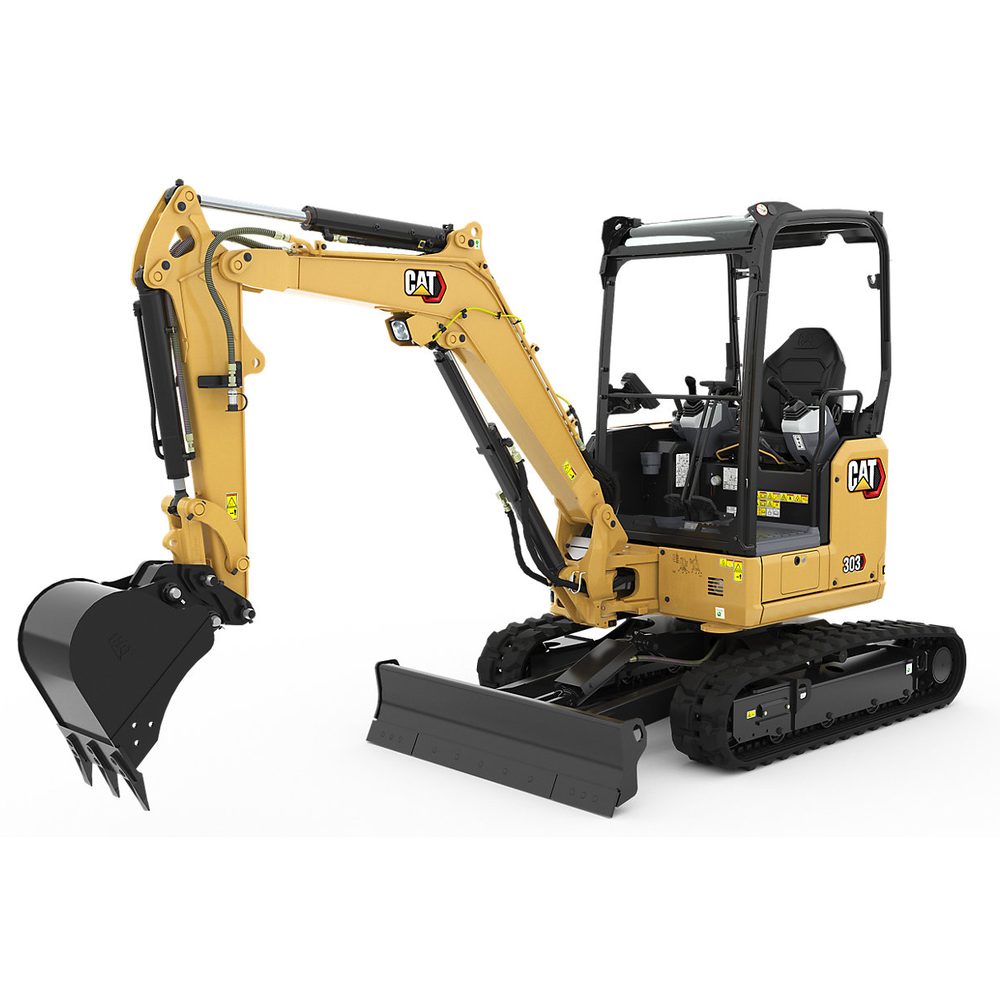 Caterpillar 303CR mini excavator with yellow boom, black bucket, open operator station, and rubber tracks on white background