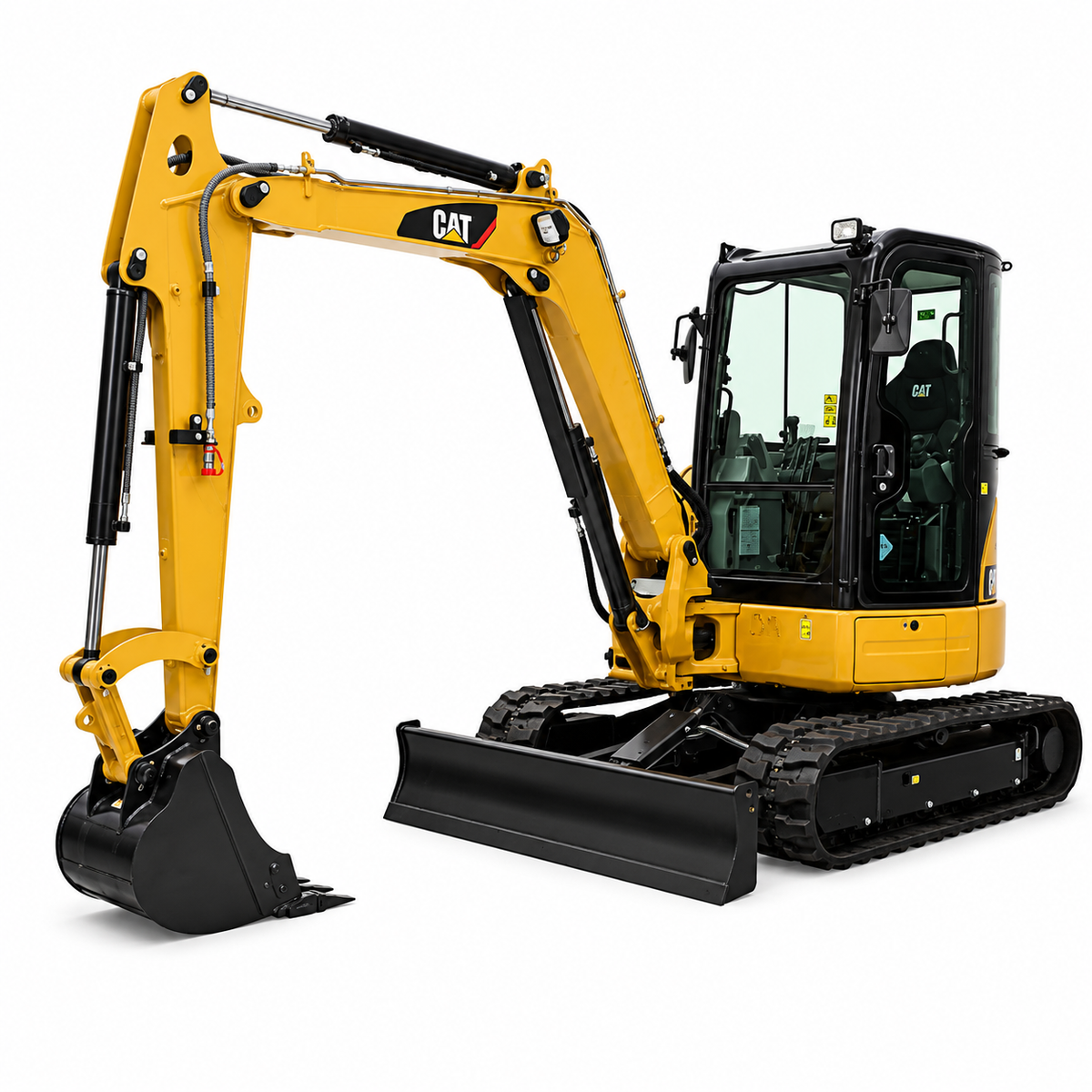 Yellow Caterpillar 305.5E2 CR compact-radius mini hydraulic excavator with black bucket, blade, and tracks on a white background