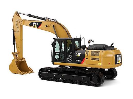 Yellow Caterpillar 330D2L excavator with black tracks, black bucket, and black cab on a transparent background.