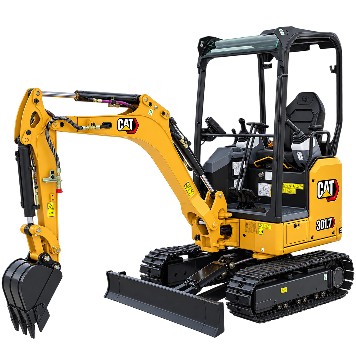 Yellow Caterpillar 301.7 CR mini excavator with black tracks, open canopy, black bucket, and front blade on a transparent background.