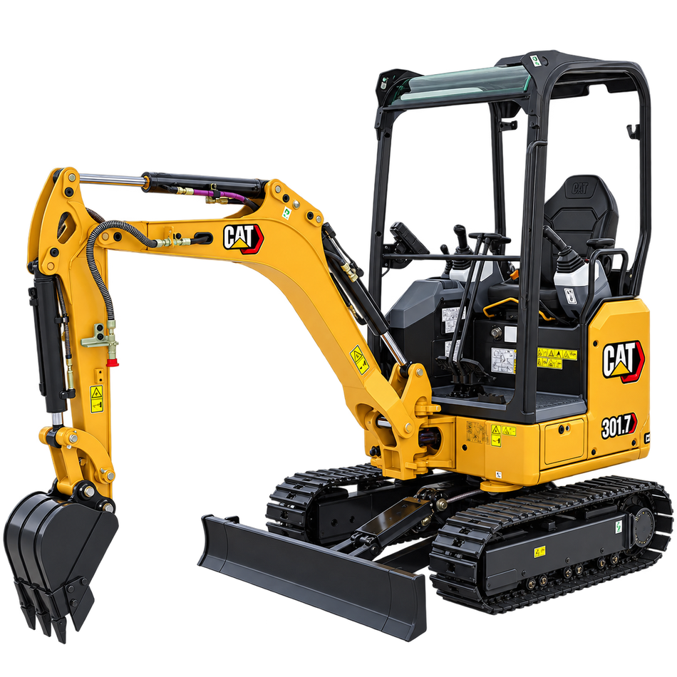 Yellow Caterpillar 301.7 CR mini excavator with black tracks, open canopy, black bucket, and front blade on a transparent background.
