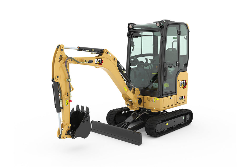 Yellow Caterpillar 301.8 compact mini hydraulic excavator with black bucket, blade, and tracks on a white background