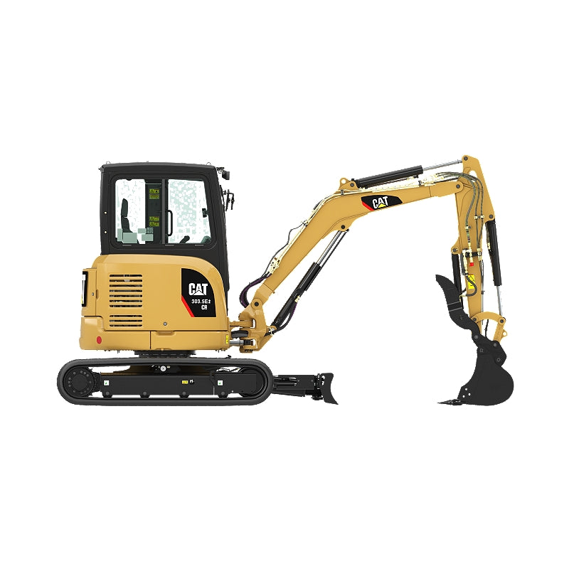 Yellow Caterpillar 303.5E2 CR mini hydraulic excavator with black bucket, blade, and tracks on a white background