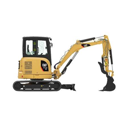 Yellow Caterpillar 303.5E2 CR mini hydraulic excavator with black bucket, blade, and tracks on a white background