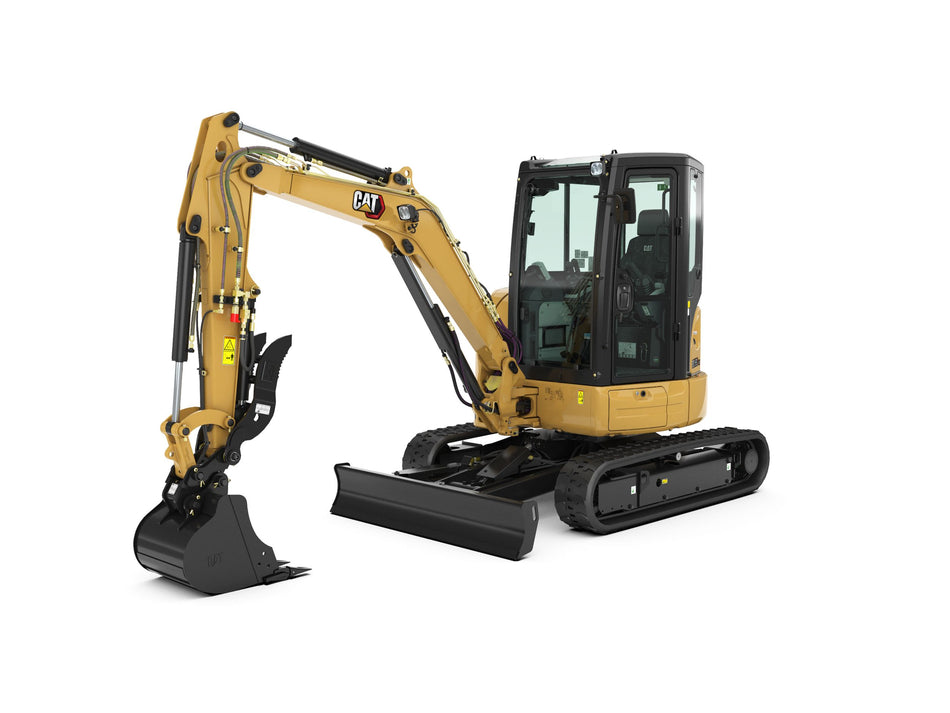 Yellow Caterpillar 303.5E2 CR mini hydraulic excavator with black bucket, blade, and tracks on a white background