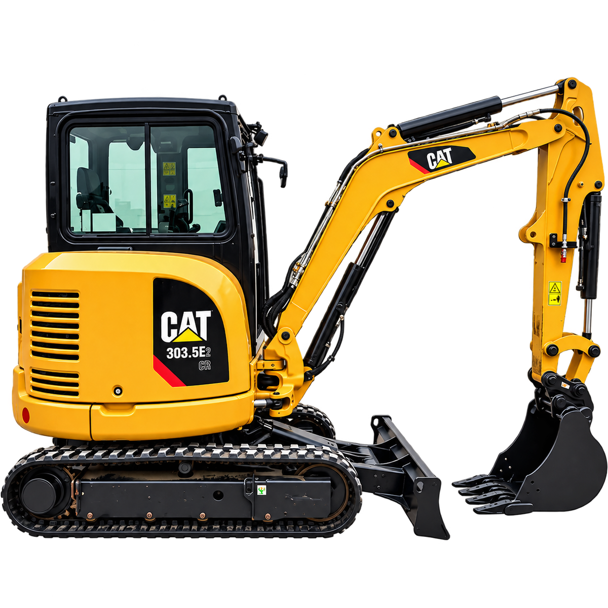 Yellow Caterpillar 303.5E2 CR mini excavator with black tracks, enclosed cab, black bucket, and front blade on a transparent background.