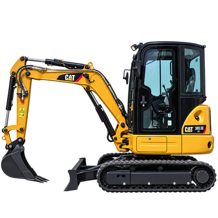 Yellow Caterpillar 303.5E CR mini excavator with black tracks, yellow boom and arm, black bucket, enclosed cab, and front blade on a transparent background.
