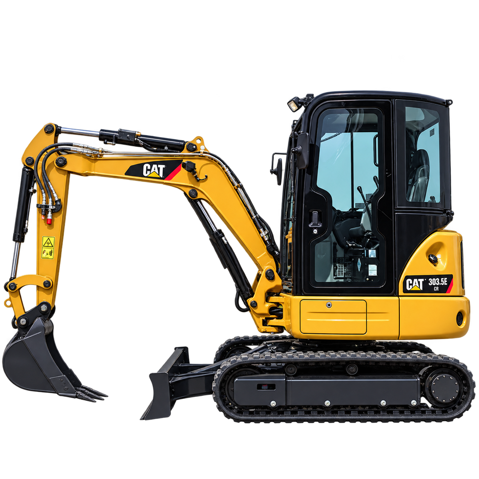Yellow Caterpillar 303.5E CR mini excavator with black tracks, yellow boom and arm, black bucket, enclosed cab, and front blade on a transparent background.