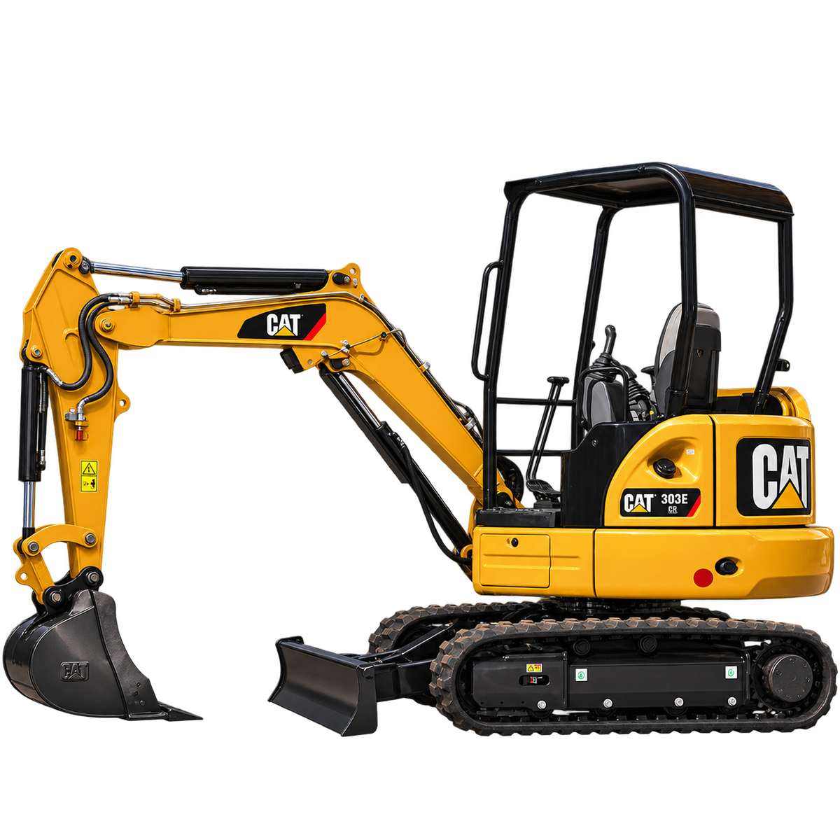 Yellow Caterpillar 303E CR mini excavator with black tracks, yellow boom and arm, black bucket, open canopy, and front blade on a transparent background.