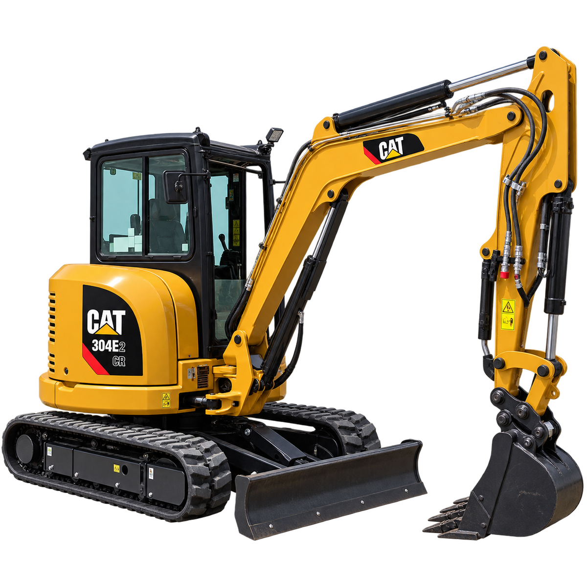 Yellow Caterpillar 304E2 CR excavator with black tracks, black bucket, enclosed cab, front blade, and yellow engine housing on a transparent background.