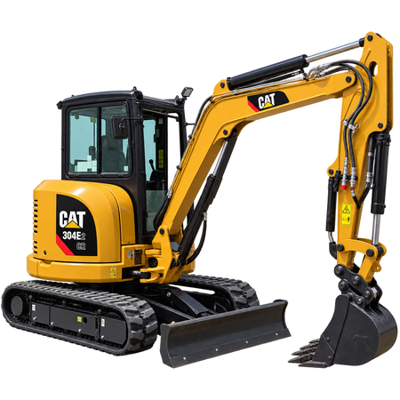 Yellow Caterpillar 304E2 CR excavator with black tracks, black bucket, enclosed cab, front blade, and yellow engine housing on a transparent background.