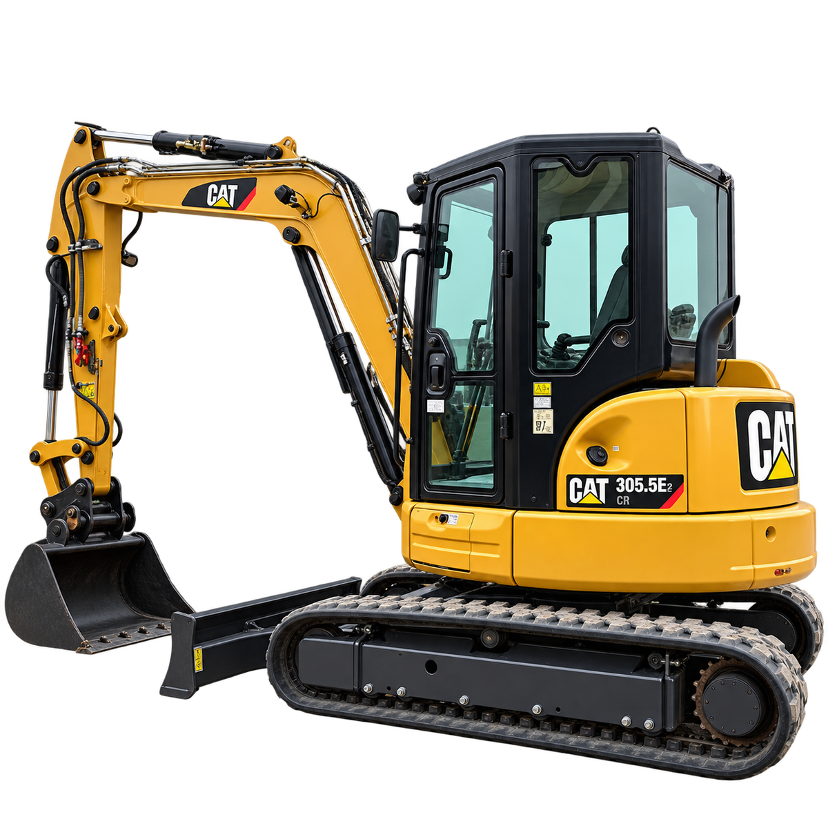 Yellow Caterpillar 305.5E2 CR excavator with black tracks, yellow boom and arm, black bucket, enclosed cab, and front blade on a transparent background.