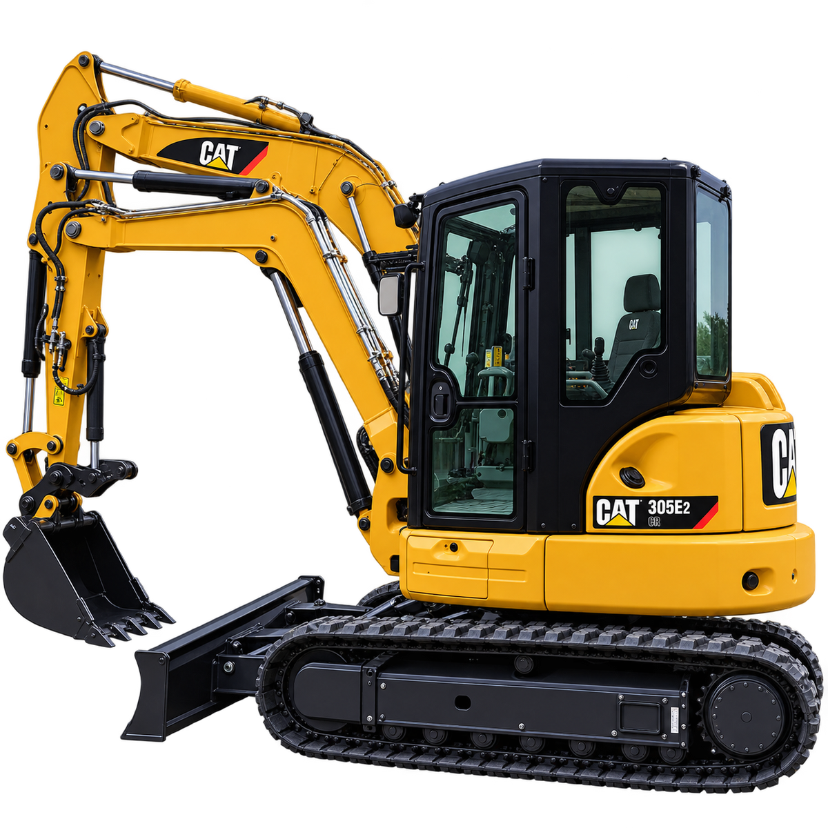 Yellow Caterpillar 305E2 CR excavator with black tracks, black bucket, enclosed cab, and front blade on a transparent background.