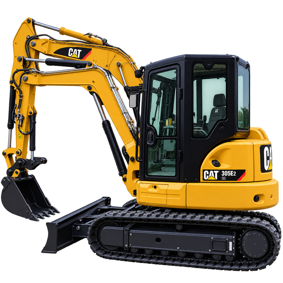 Yellow Caterpillar 305E2 CR excavator with black tracks, black bucket, enclosed cab, and front blade on a transparent background.