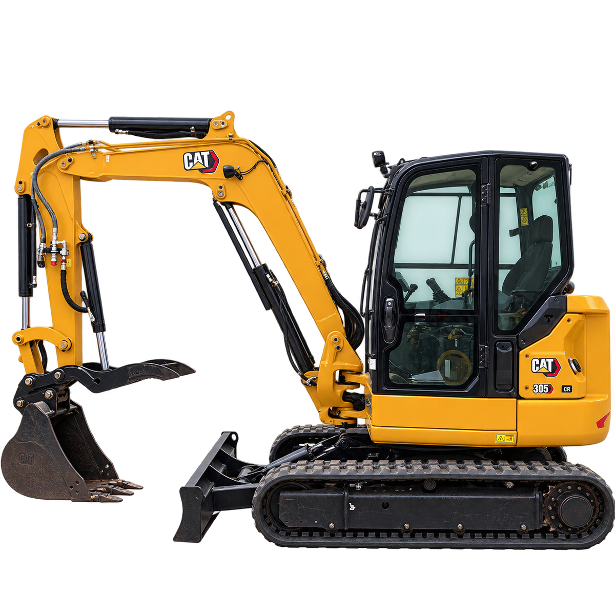 Yellow Caterpillar 305 CR excavator with black tracks, enclosed cab, black bucket, and front blade on a transparent background.