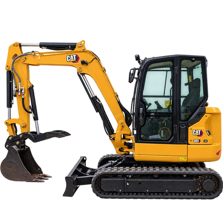 Yellow Caterpillar 305 CR excavator with black tracks, enclosed cab, black bucket, and front blade on a transparent background.