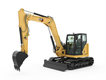 Yellow Caterpillar 308 CR compact excavator with black bucket, blade, and tracks on a white background