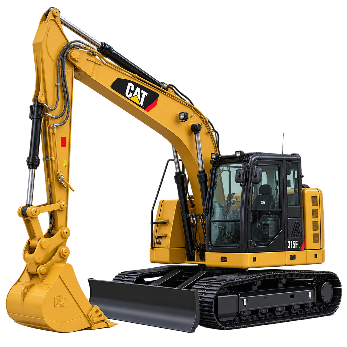 Yellow Caterpillar 315F L excavator with black tracks, black bucket, and black cab on a transparent background.