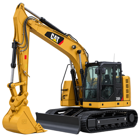 Yellow Caterpillar 315F L excavator with black tracks, black bucket, and black cab on a transparent background.