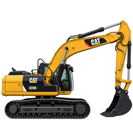 Yellow Caterpillar 320D2 excavator with black tracks, black bucket, enclosed cab, and black engine housing on a transparent background.