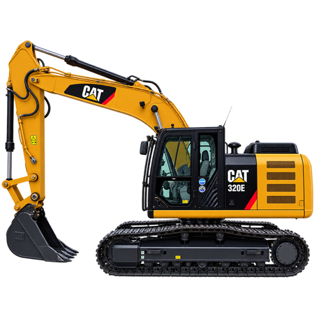 Yellow Caterpillar 320E excavator with black tracks, enclosed cab, yellow boom and arm, and black bucket on a transparent background.