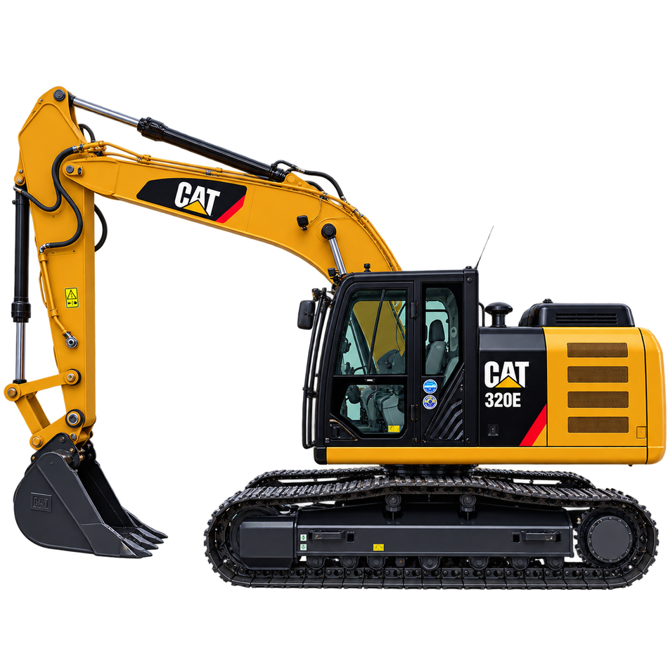 Yellow Caterpillar 320E excavator with black tracks, enclosed cab, yellow boom and arm, and black bucket on a transparent background.
