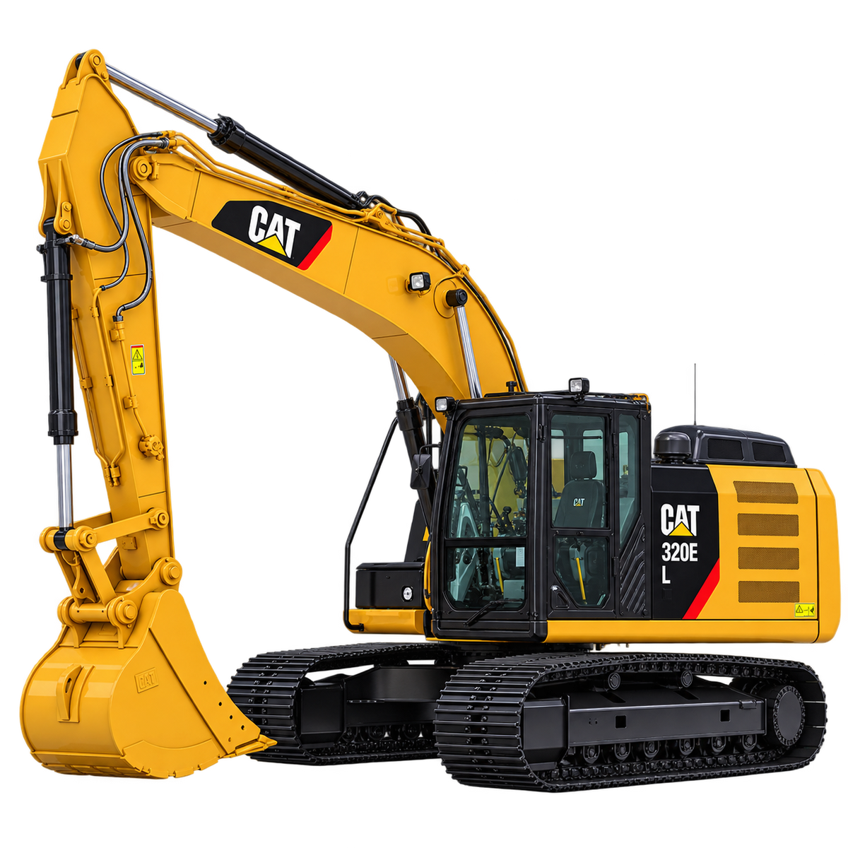 Yellow Caterpillar 320E L excavator with black tracks, yellow boom and arm, yellow bucket, enclosed cab, and yellow engine housing on a transparent background.