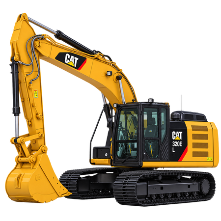 Yellow Caterpillar 320E L excavator with black tracks, yellow boom and arm, yellow bucket, enclosed cab, and yellow engine housing on a transparent background.