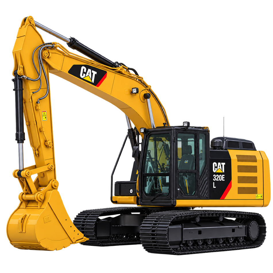 Yellow Caterpillar 320E L excavator with black tracks, yellow boom and arm, yellow bucket, enclosed cab, and yellow engine housing on a transparent background.