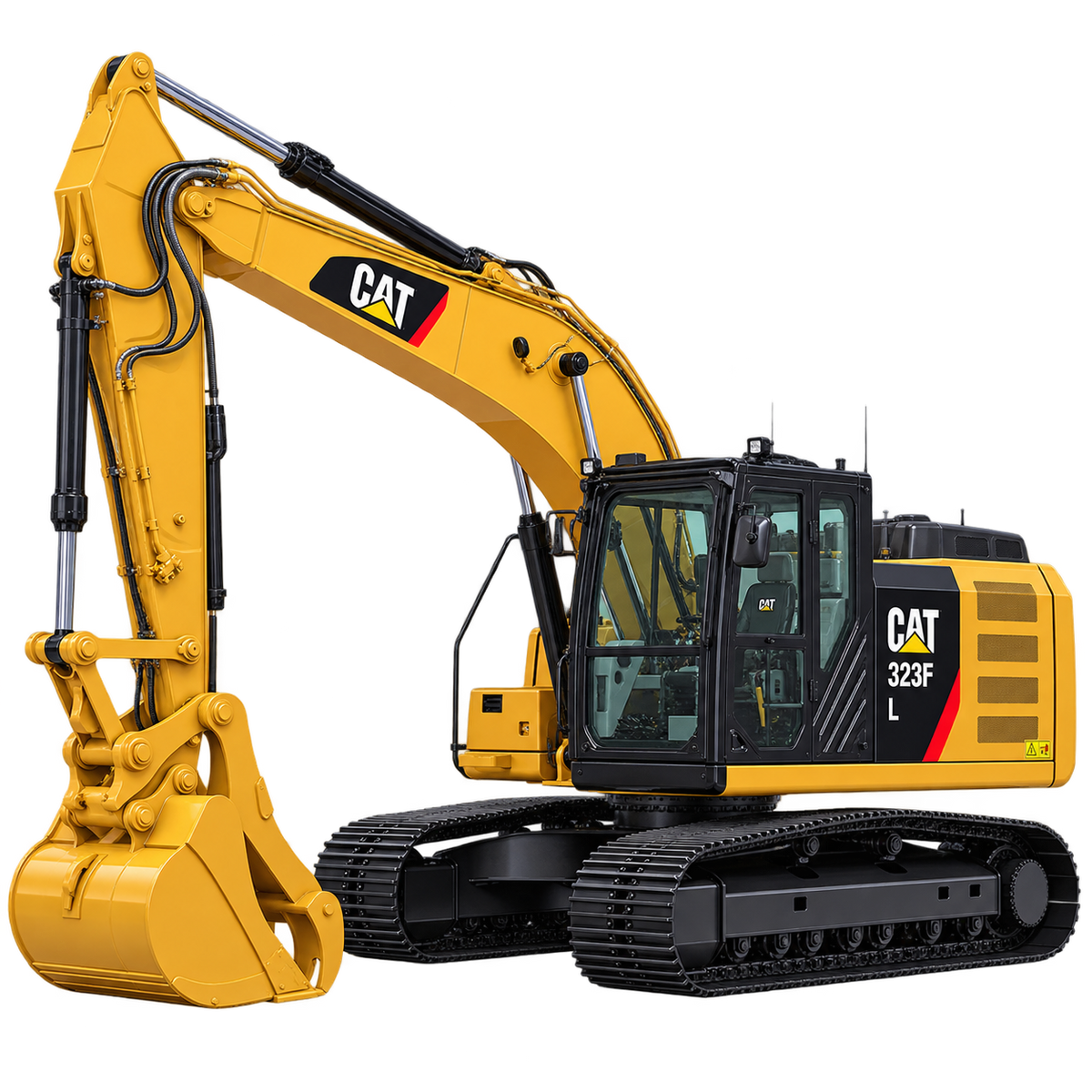 Yellow Caterpillar 323F L excavator with black tracks, yellow boom and arm, yellow bucket, enclosed cab, and yellow engine housing on a transparent background.
