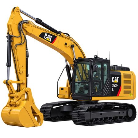 Yellow Caterpillar 323F L excavator with black tracks, yellow boom and arm, yellow bucket, enclosed cab, and yellow engine housing on a transparent background.